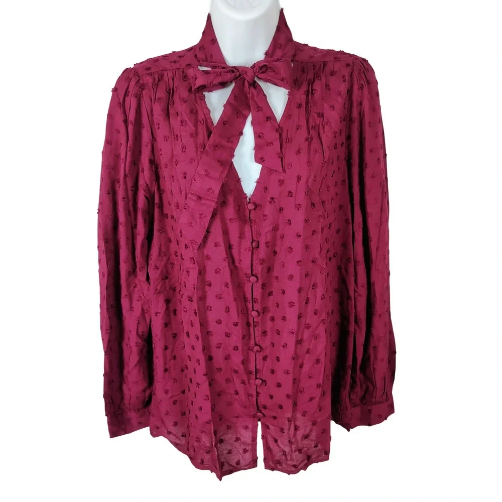 LOFT Women Small Maroon Clip Dot Tie Neck Keyhole Button Front Blouse siren